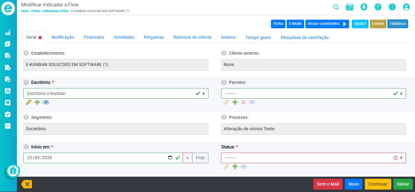 Área do módulo e-flow exibindo, em detalhes, uma aba de 9, com várias informações gerais.