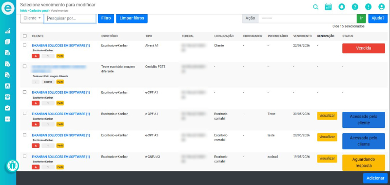 lista dos documentos que estão sendo controlados pelo e-kanban